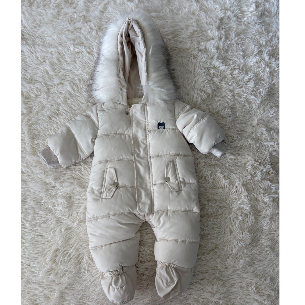 Baby Toddler Snowsuit Winter Puffer Jumpsuit with Hood Fur Trim Cream‎
